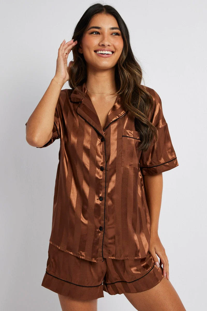Brown Stripe Satin Pj Jacquard Stripe Piping Pyjama Set - Image 3