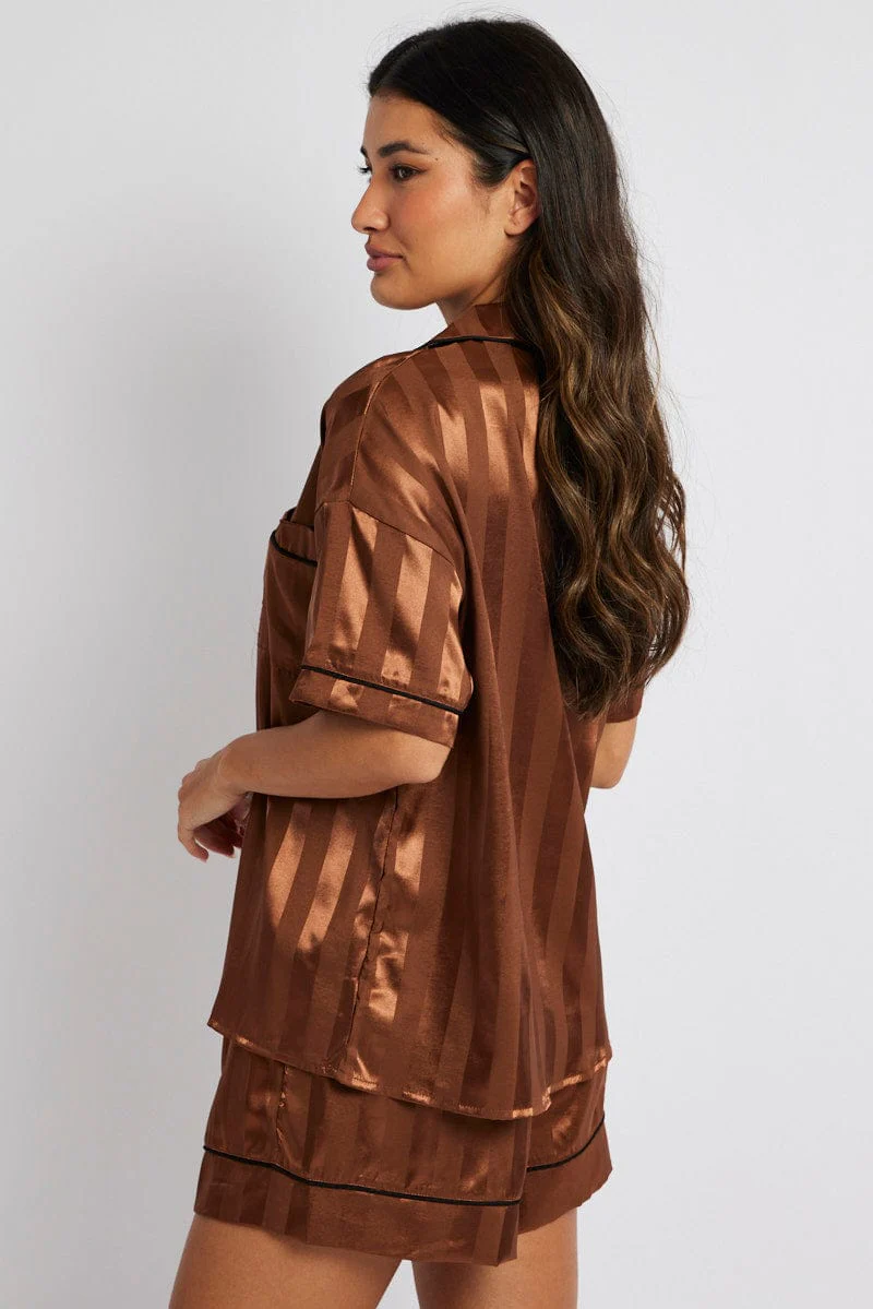 Brown Stripe Satin Pj Jacquard Stripe Piping Pyjama Set - Image 4