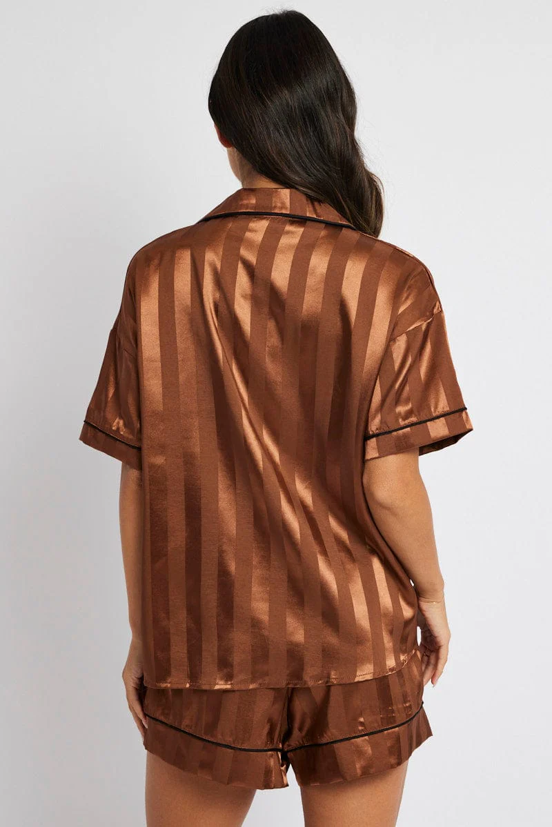 Brown Stripe Satin Pj Jacquard Stripe Piping Pyjama Set - Image 5