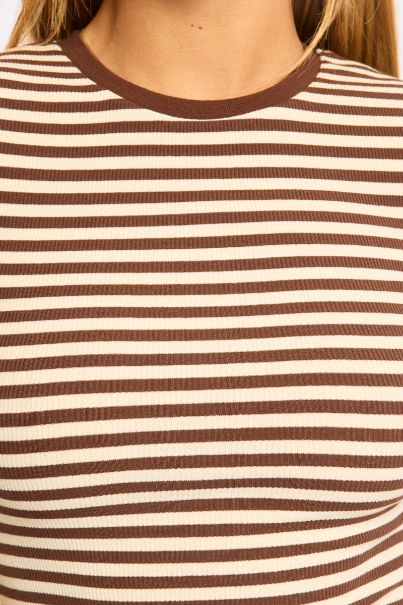Brown Stripe Short Sleeve Stripe Ribbed T-shirt - Image 5
