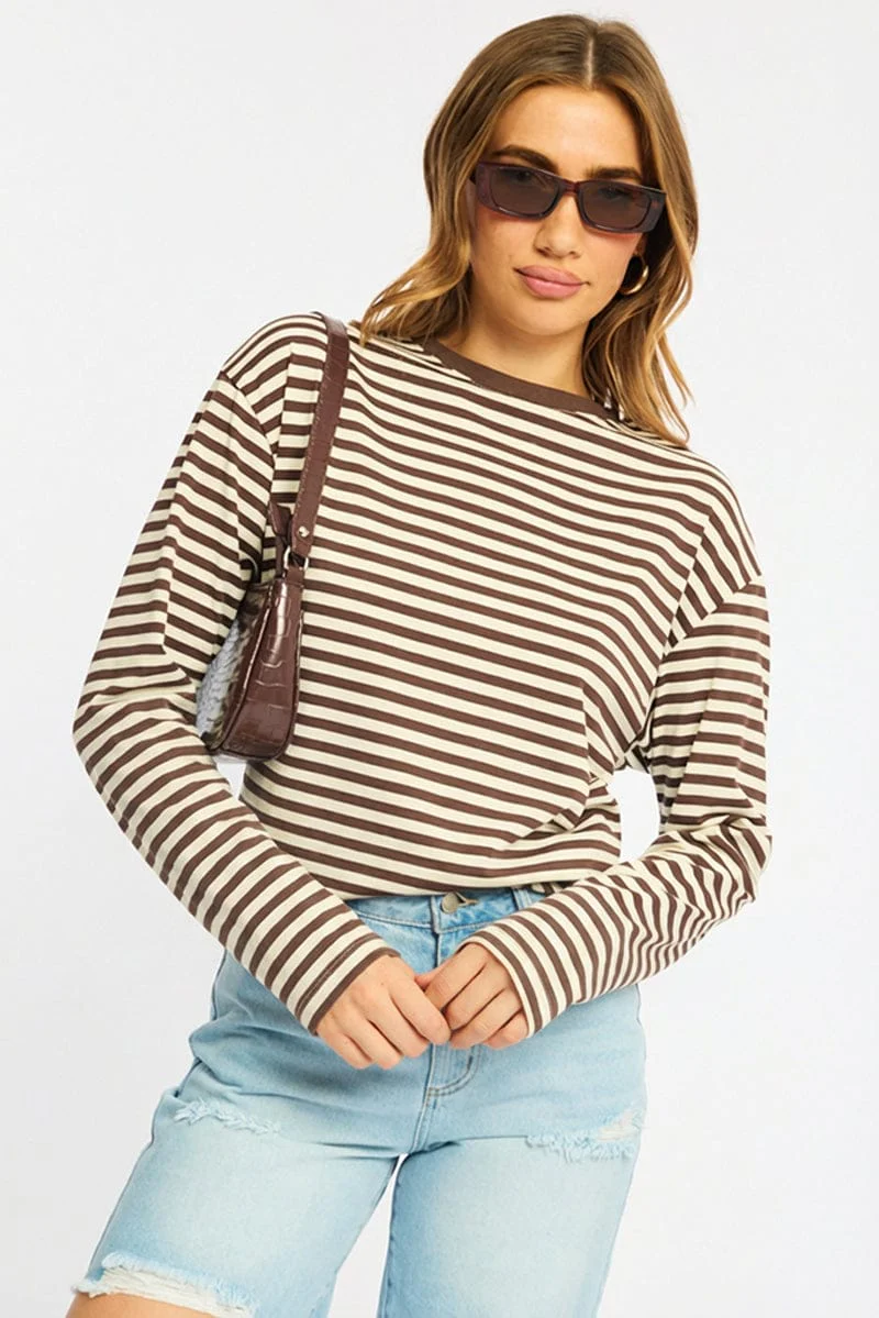 Brown Stripe Striped Top Crew Neck Long Sleeve