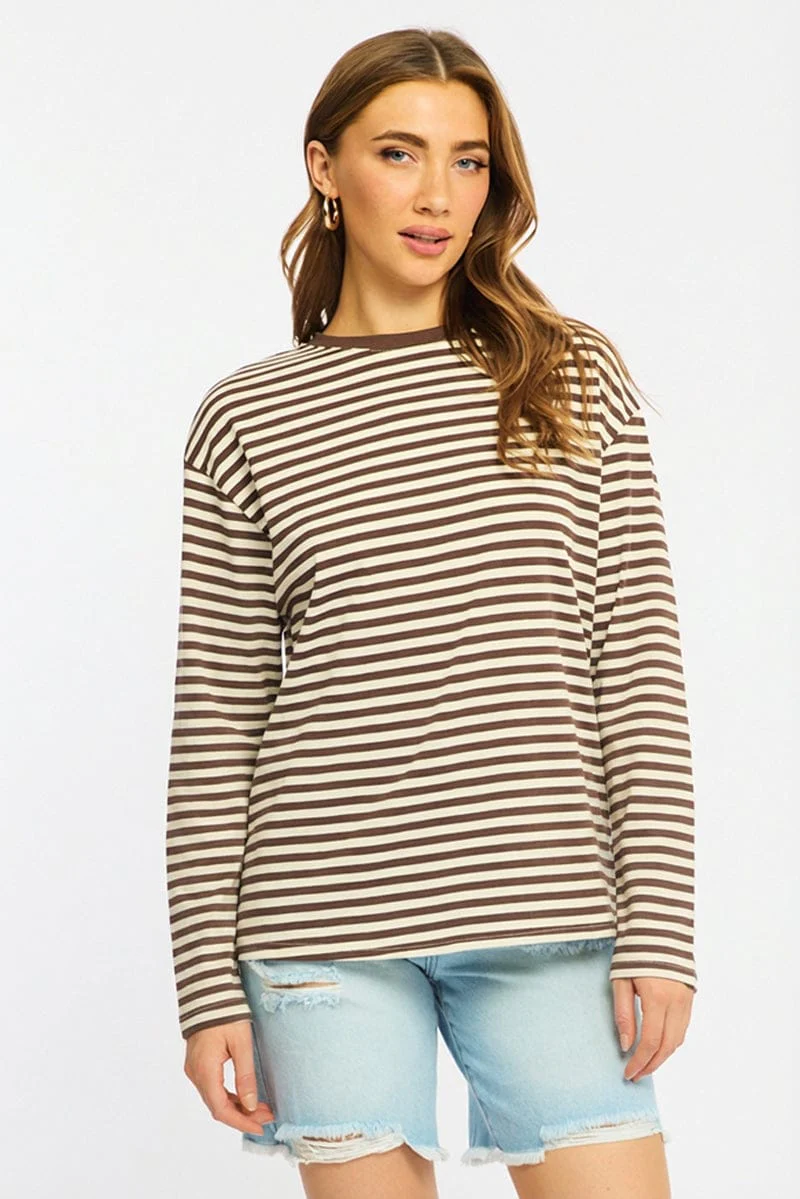 Brown Stripe Striped Top Crew Neck Long Sleeve - Image 2