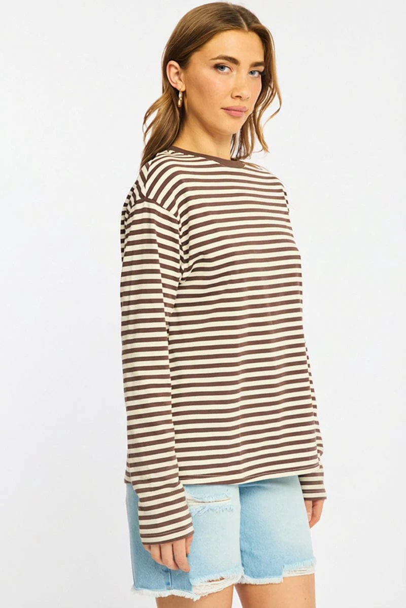 Brown Stripe Striped Top Crew Neck Long Sleeve - Image 3