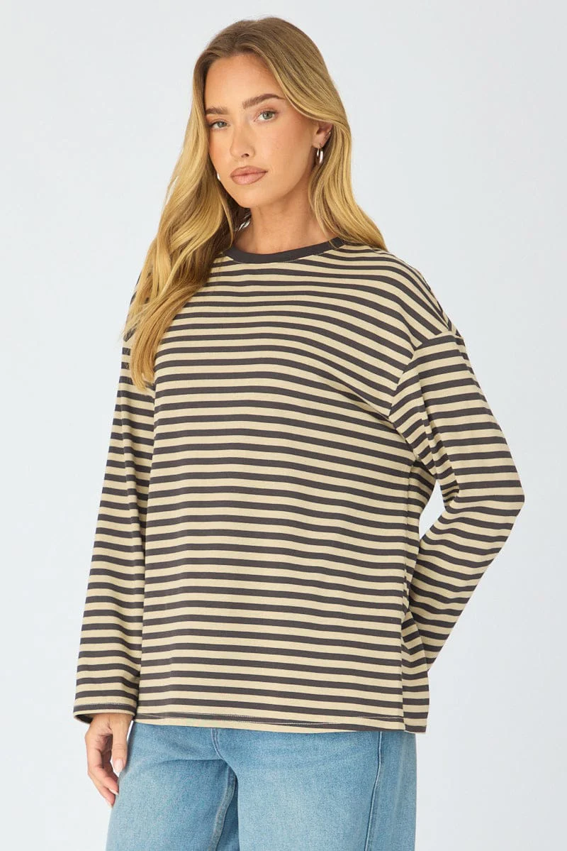 Brown Stripe Striped Top Long Sleeve Crew Neck - Image 4