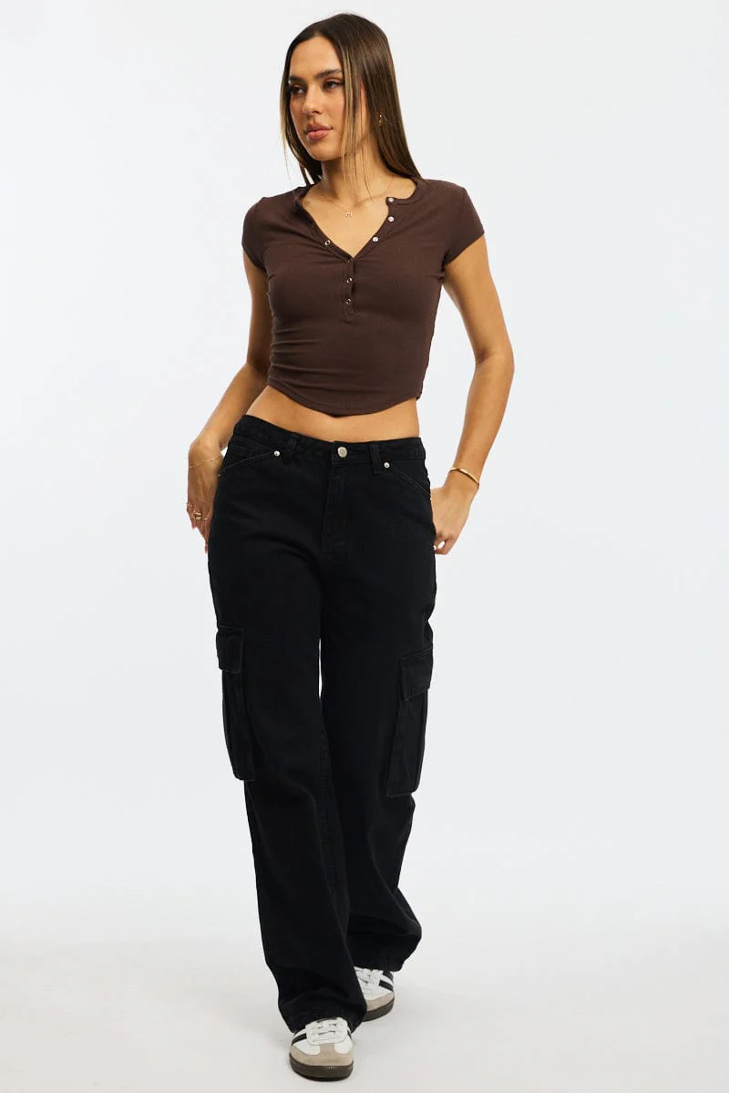 Brown T-shirt Short Sleeve Henley Neck Rib - Image 2