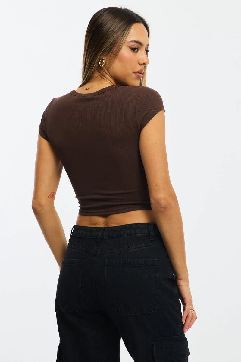 Brown T-shirt Short Sleeve Henley Neck Rib - Image 4