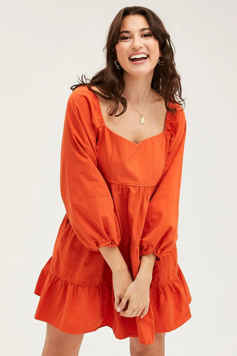 Brown Tiered Dress Long Sleeve Mini - Image 3