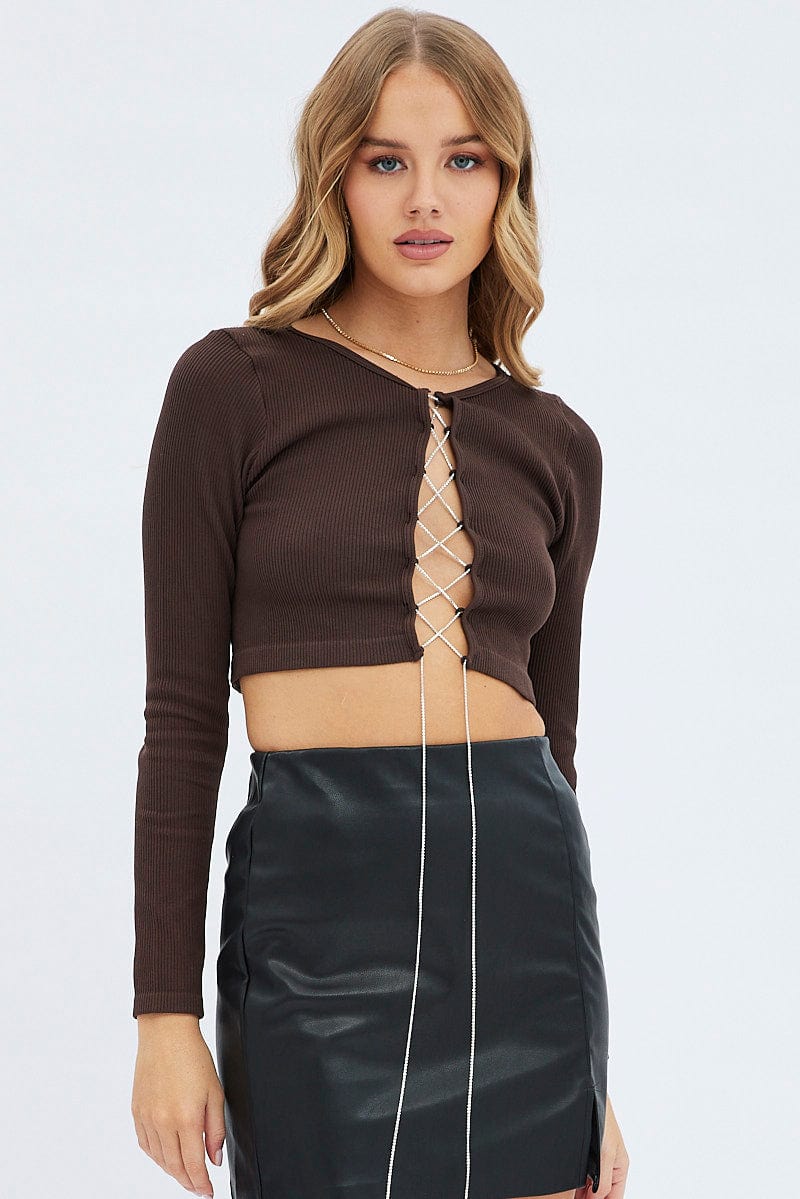 Brown Top Crop Round Neck Diamante Seamless - Image 3