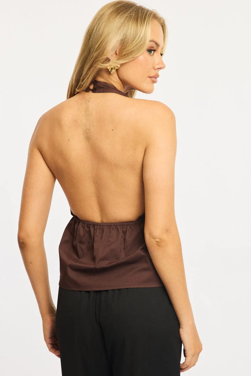 Brown Twist Halter Top Sleeveless Cotton Poplin - Image 4