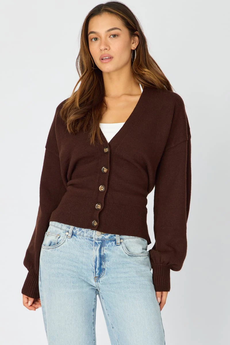 Brown V-neck Knit With Back Tie Long Sleeve