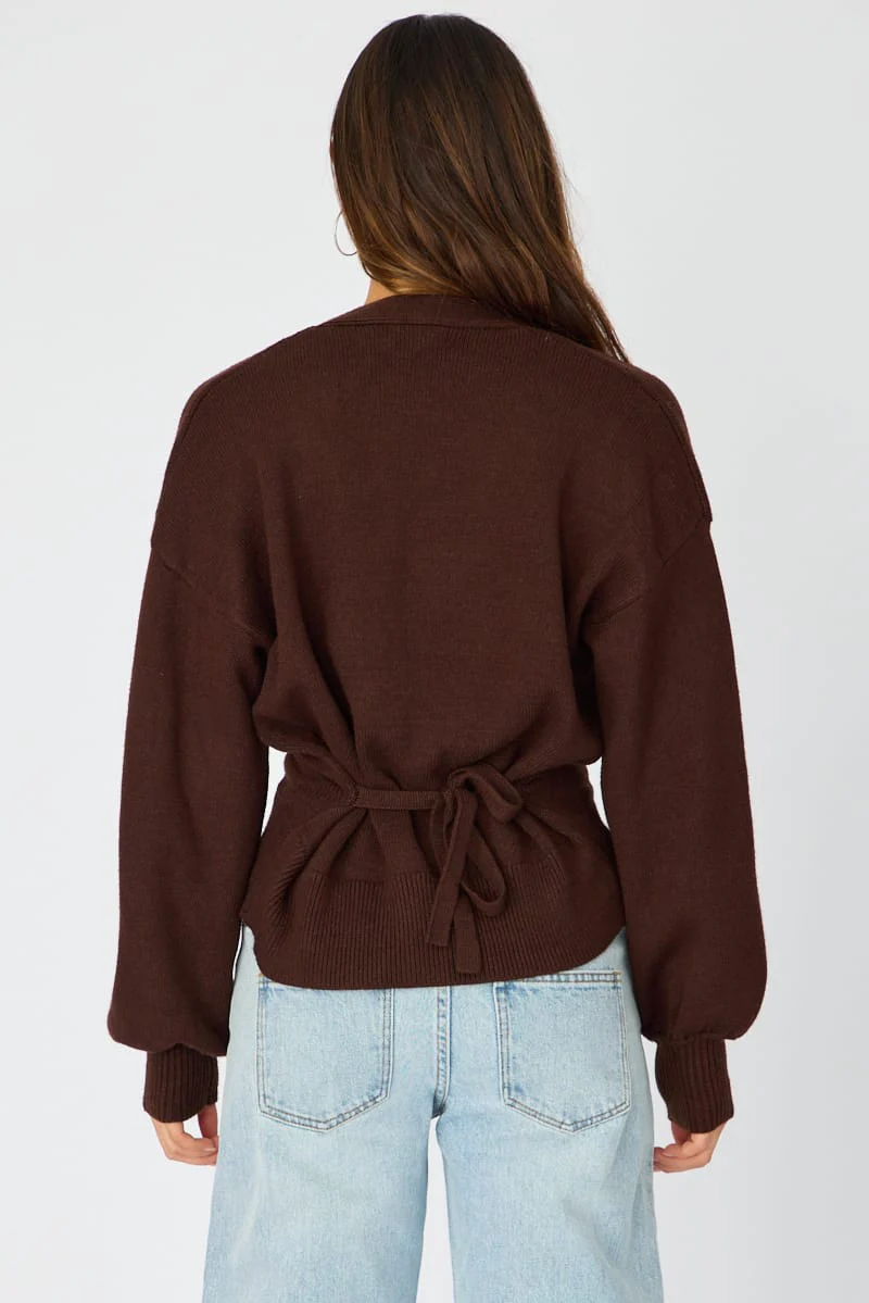 Brown V-neck Knit With Back Tie Long Sleeve - Image 2