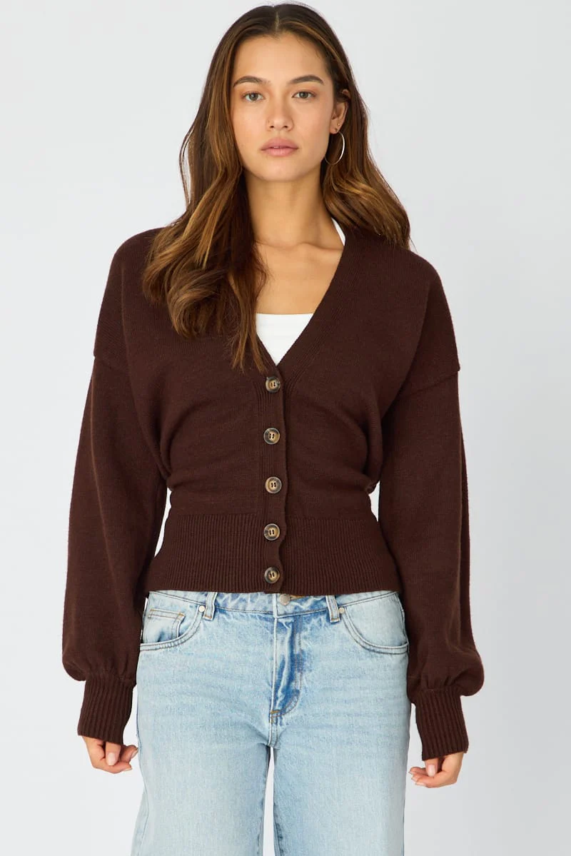 Brown V-neck Knit With Back Tie Long Sleeve - Image 4