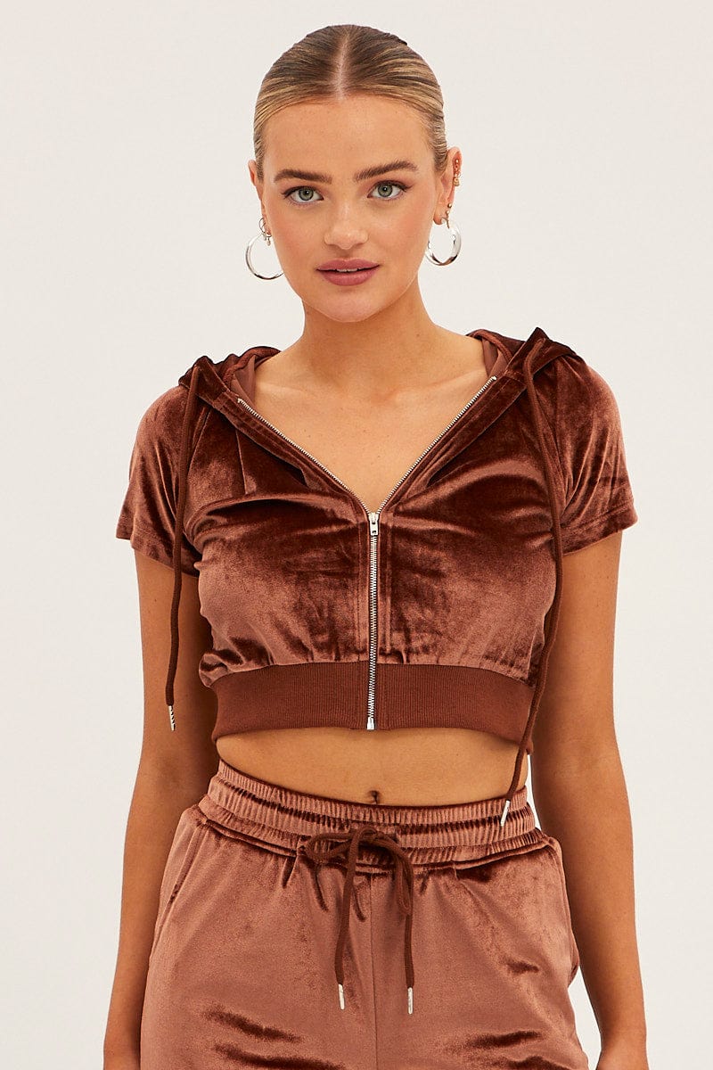 Brown Velour Short Sleeve Zip Lounge Hoodie - Image 3