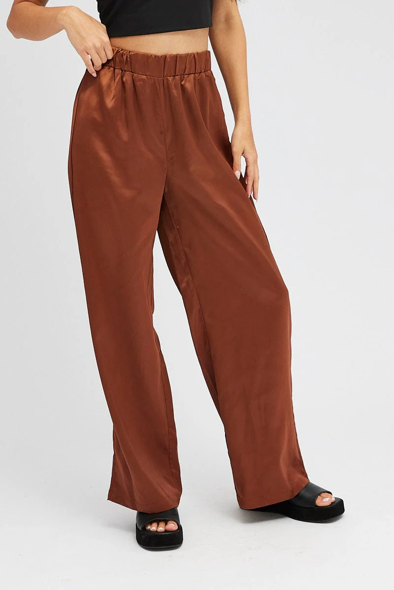 Brown Wide Leg Pants High Rise Satin - Image 2