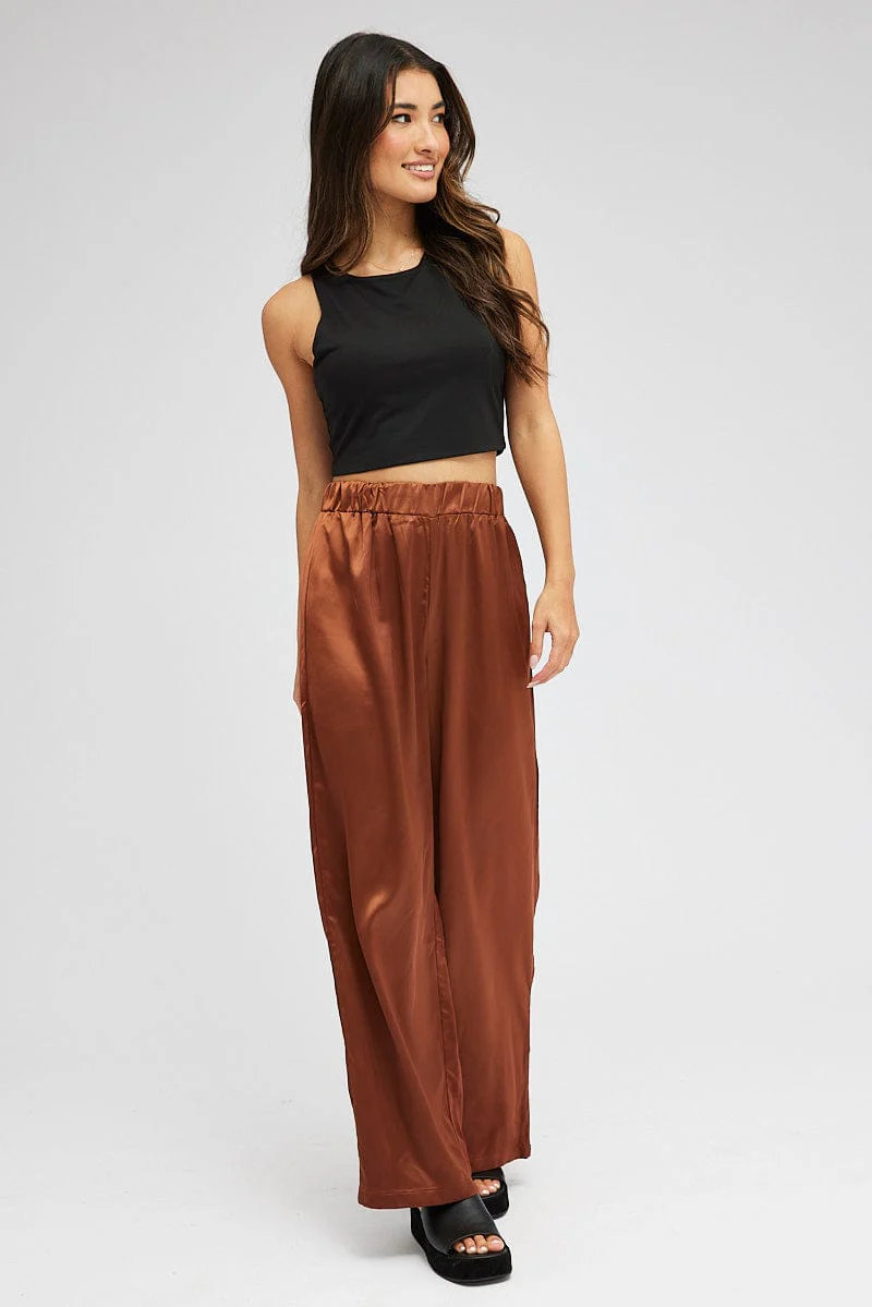 Brown Wide Leg Pants High Rise Satin - Image 3