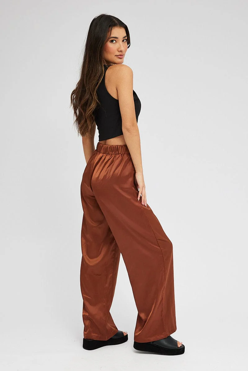 Brown Wide Leg Pants High Rise Satin - Image 4