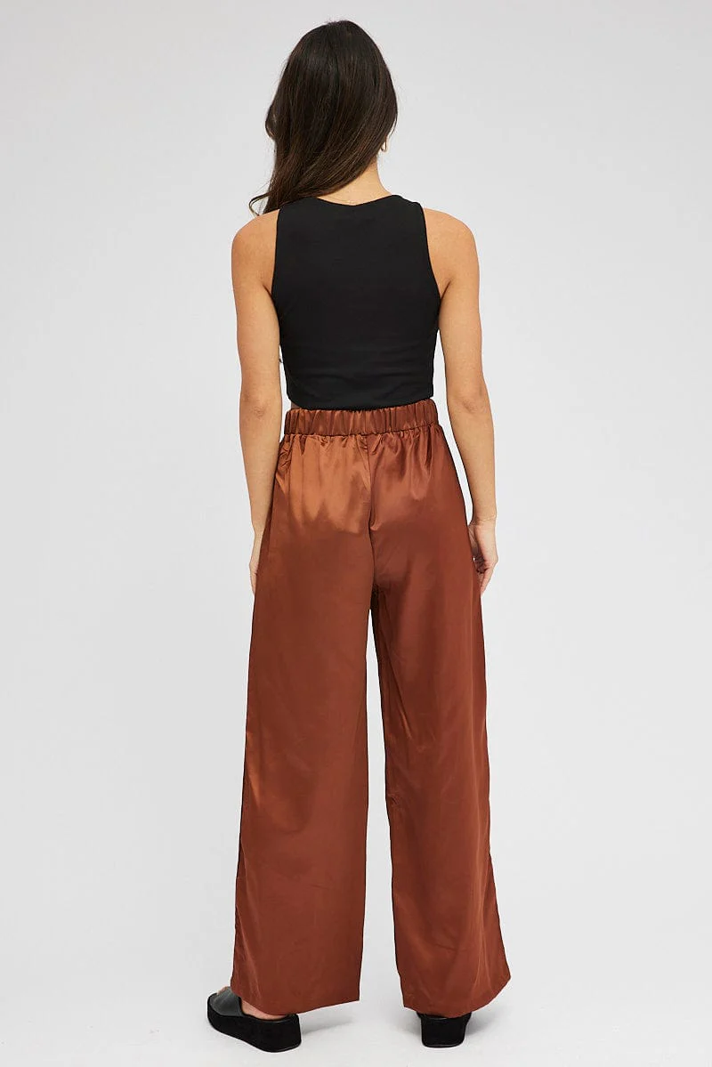 Brown Wide Leg Pants High Rise Satin - Image 5