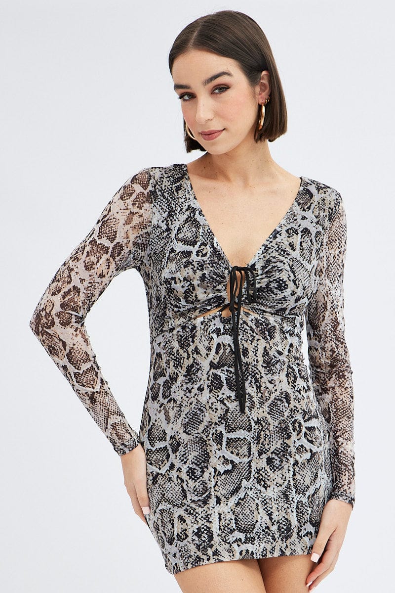 Camel Animal Print Bodycon Dress Long Sleeve Mesh - Image 2