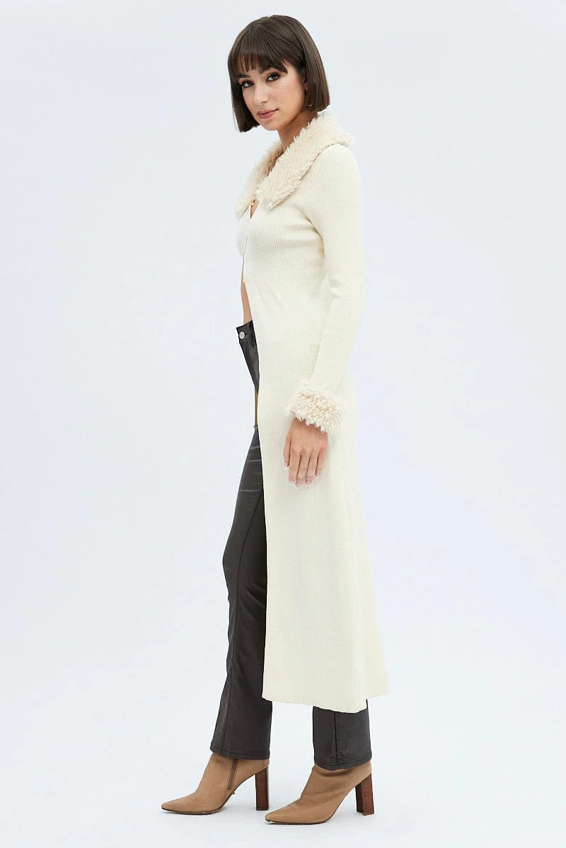 Camel Longline Knit Cardigan Faux Fur Trim Ribbed - Image 4