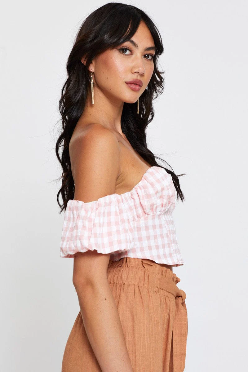 Check Crop Top Off Shoulder Short Sleeve - Image 4