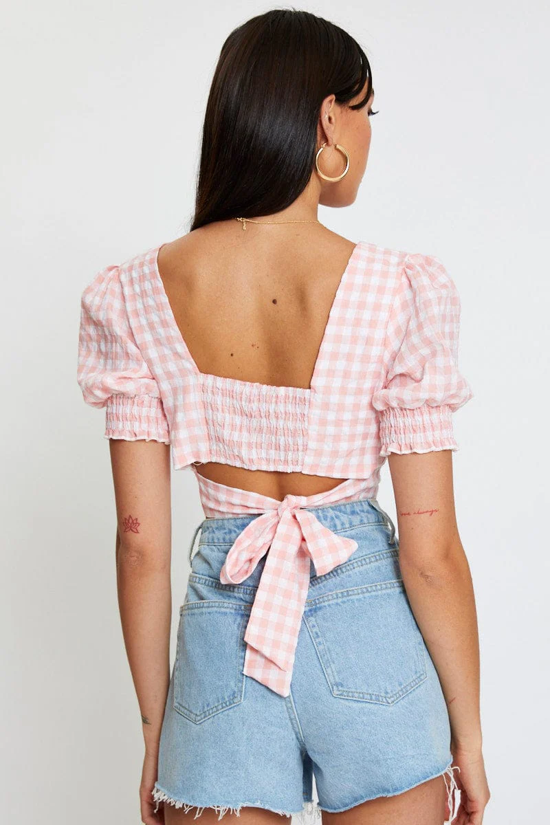 Check Crop Top Short Sleeve Square Neck - Image 5