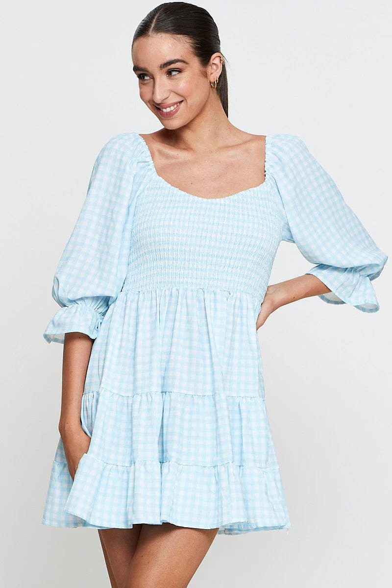 Check Fit And Flare Dress Long Sleeve Sweetheart Neck - Image 3