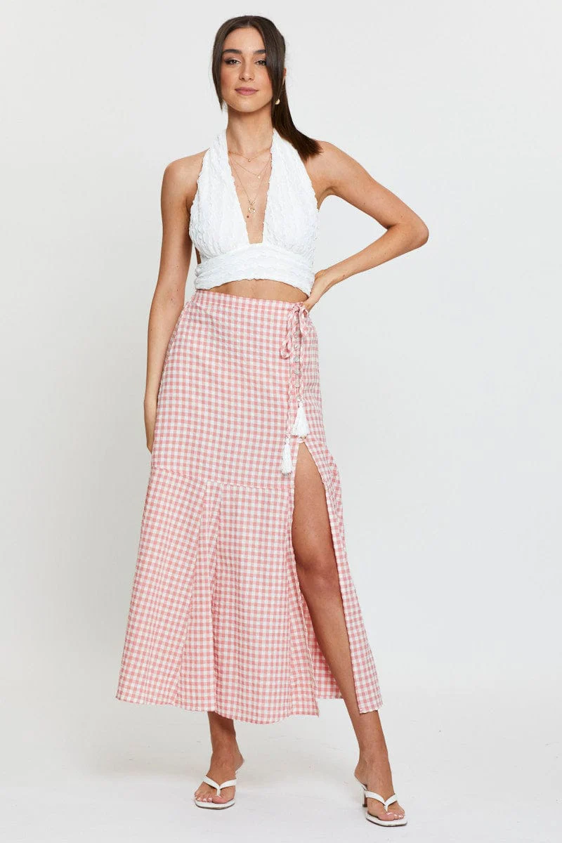 Check Maxi Skirt High Waist Front Split - Image 3