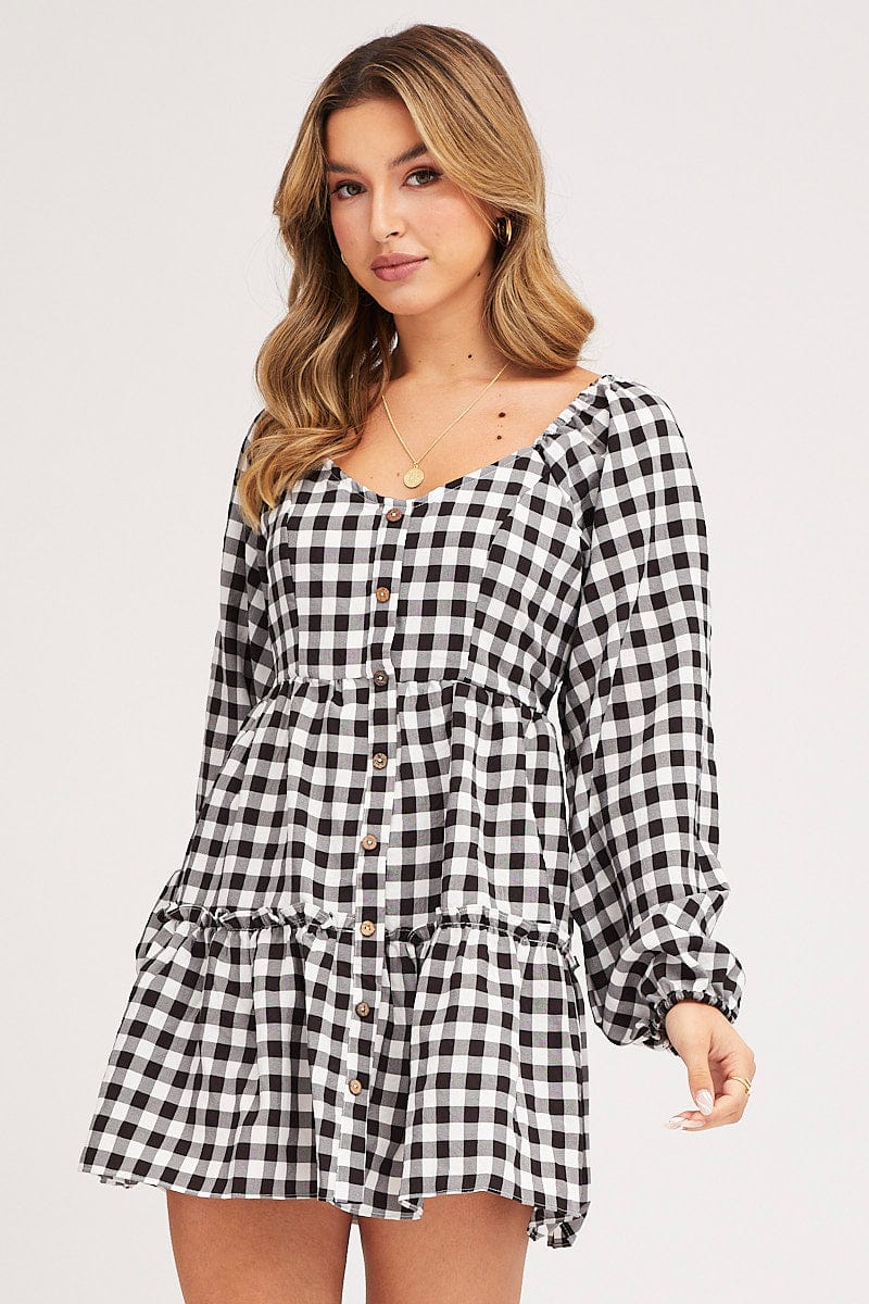 Check Skater Dress Long Sleeve Mini - Image 3