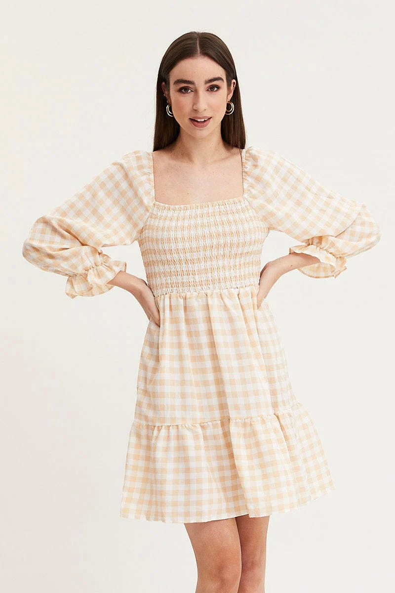 Check Skater Dress Puff Sleeve Mini - Image 3