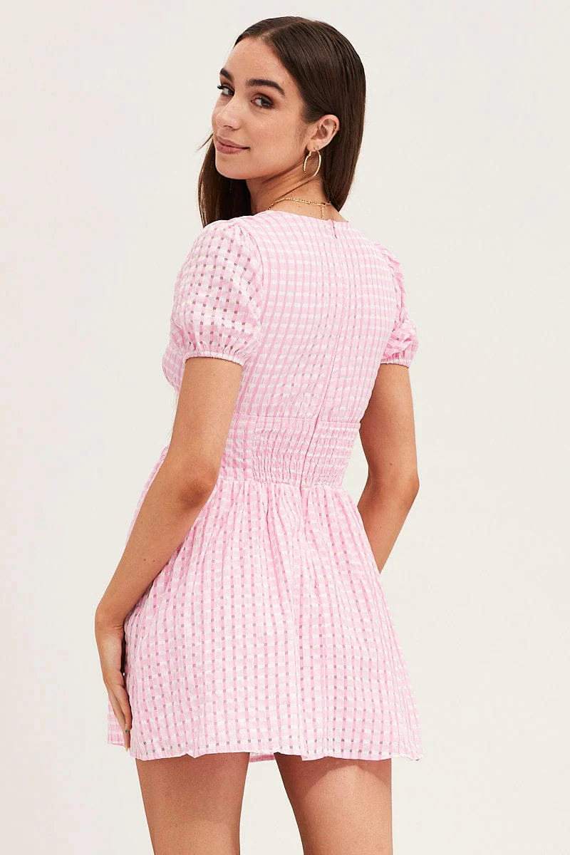 Check Skater Dress Short Sleeve Mini V Neck - Image 5