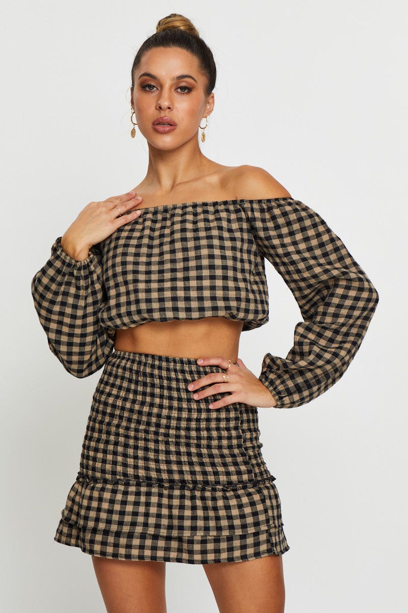 Check Top Long Sleeve Crop Off Shoulder - Image 3