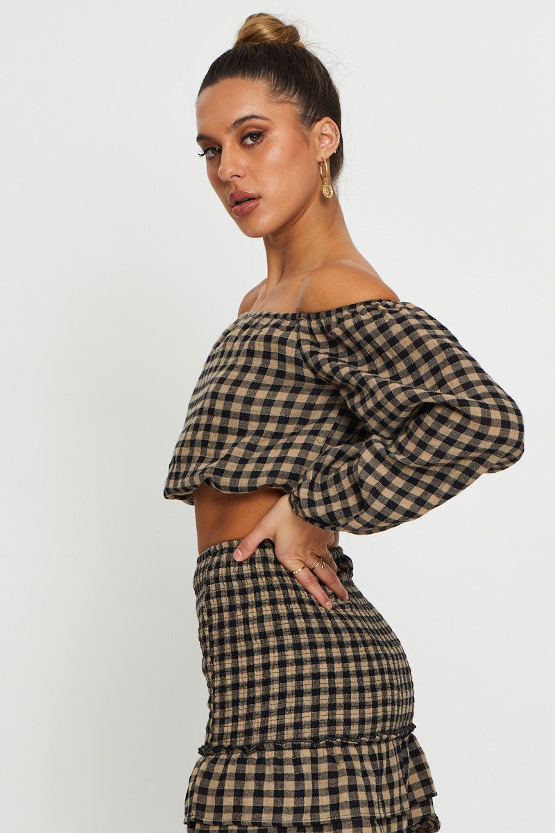 Check Top Long Sleeve Crop Off Shoulder - Image 4