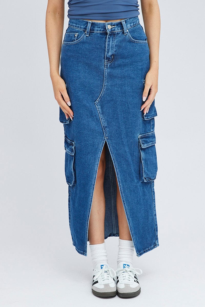 Denim Cargo Skirt Mid Rise Maxi Utility Pocket Details - Image 2