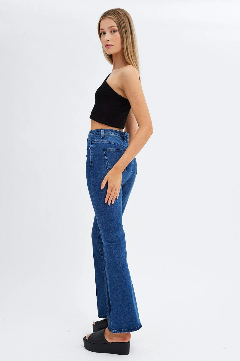 Denim Flare Jeans Mid Rise Pintuck - Image 4