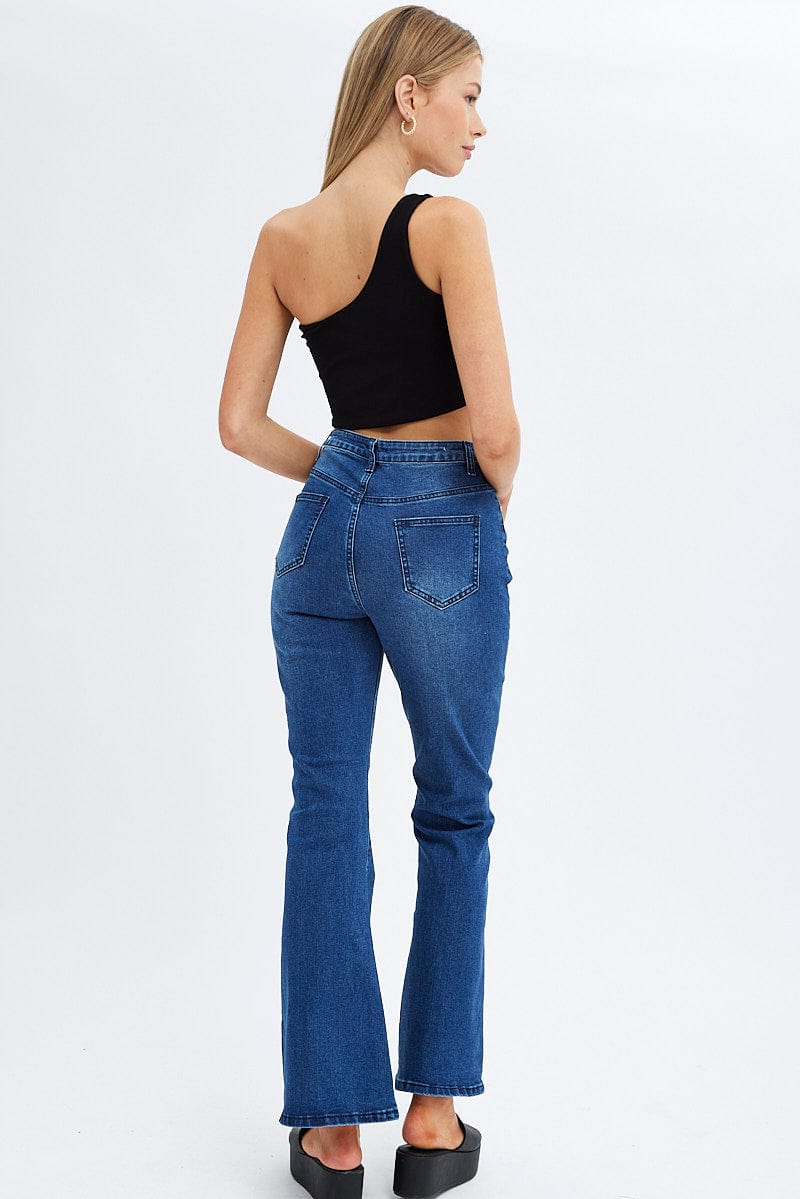 Denim Flare Jeans Mid Rise Pintuck - Image 5