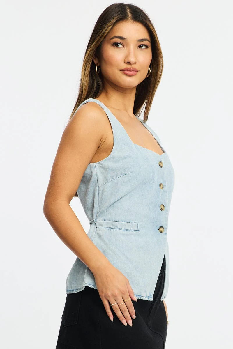 Denim Longline Vest Top Sleeveless Square Neck Denim - Image 3