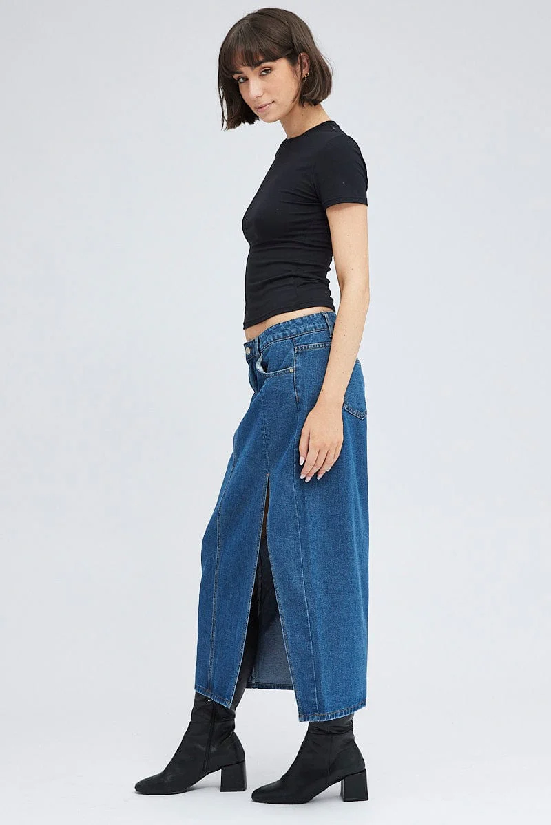 Denim Maxi Skirt Mid Rise Denim Pencil Slit - Image 4