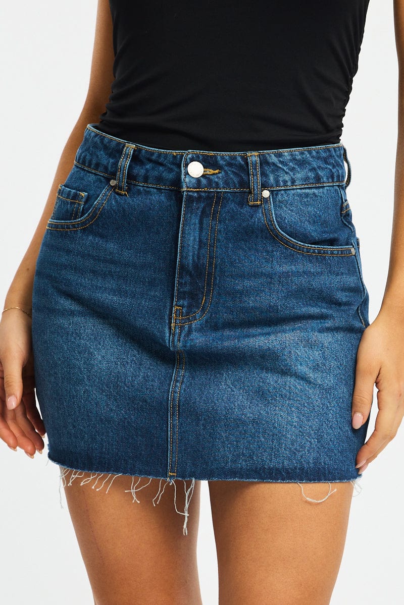 Denim Mini Skirt Mid Rise Raw Edge - Image 2