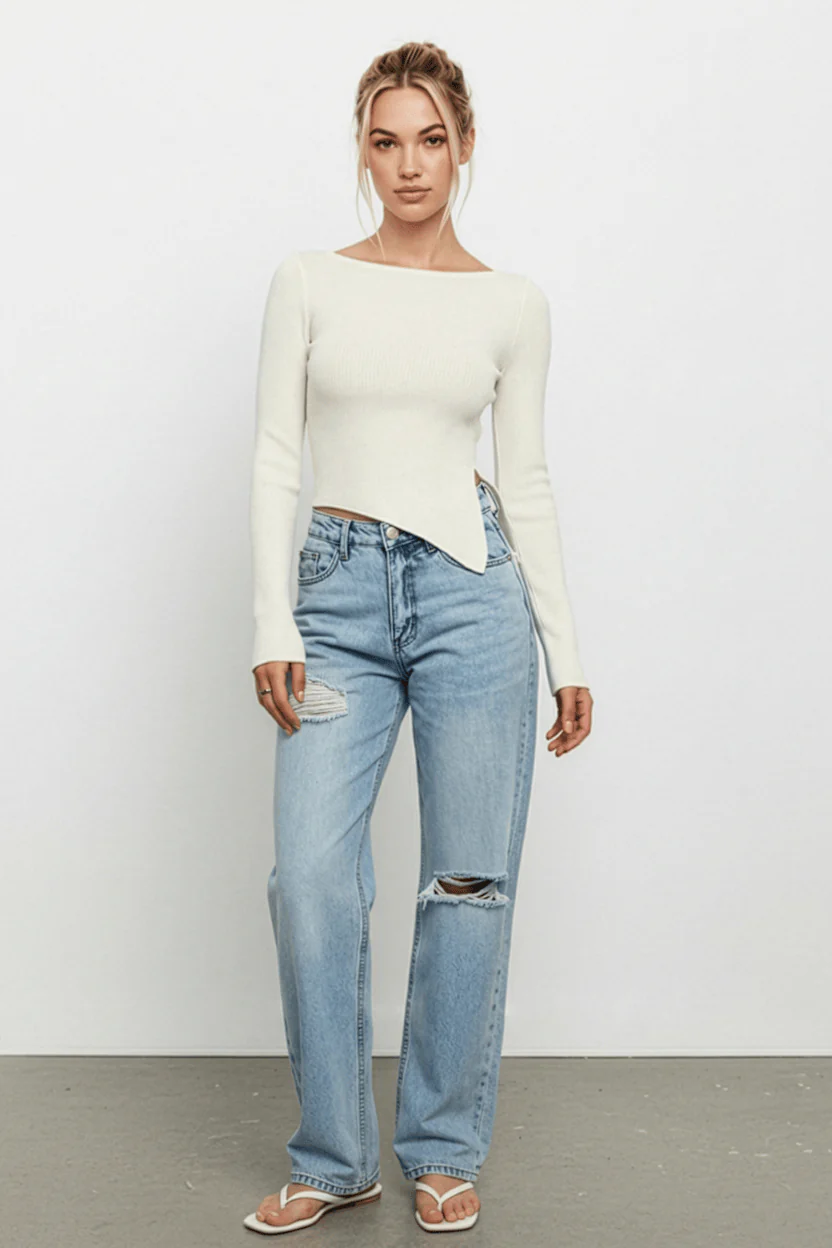 Denim Straight Jeans High Rise Knee Slit