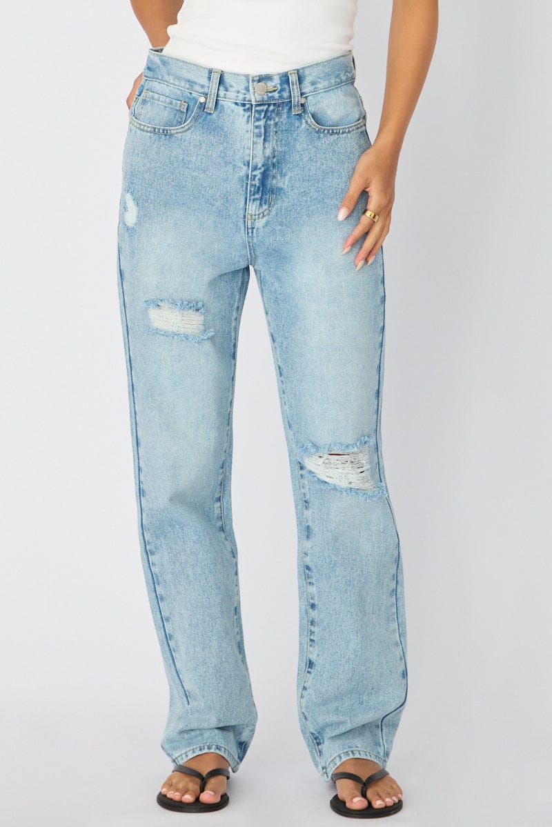 Denim Straight Jeans High Rise Knee Slit - Image 2