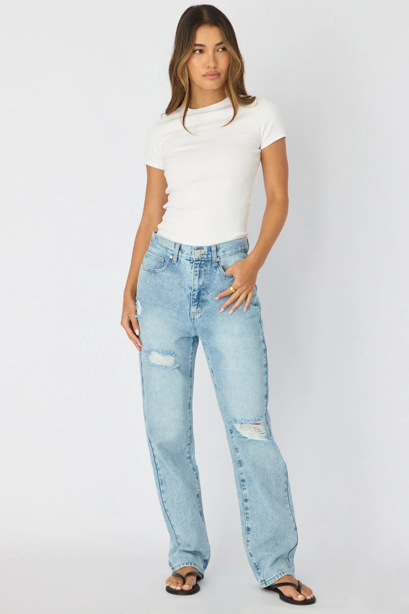 Denim Straight Jeans High Rise Knee Slit - Image 3