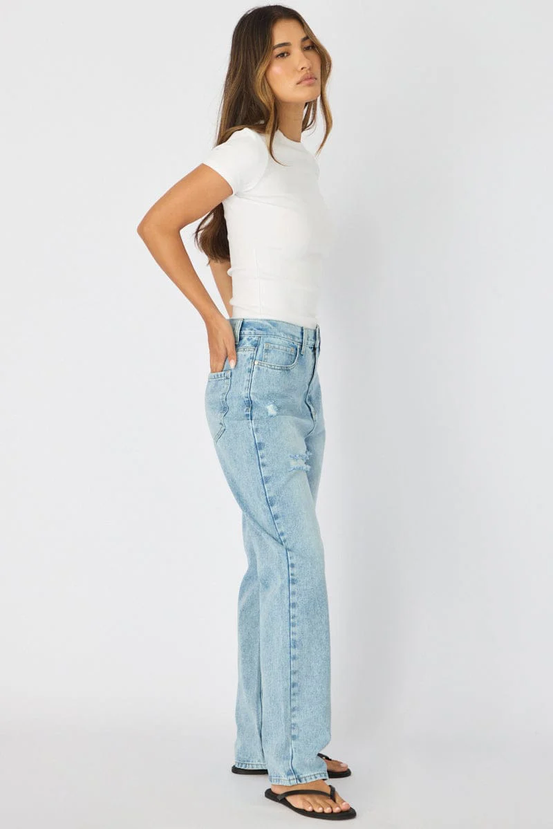 Denim Straight Jeans High Rise Knee Slit - Image 4