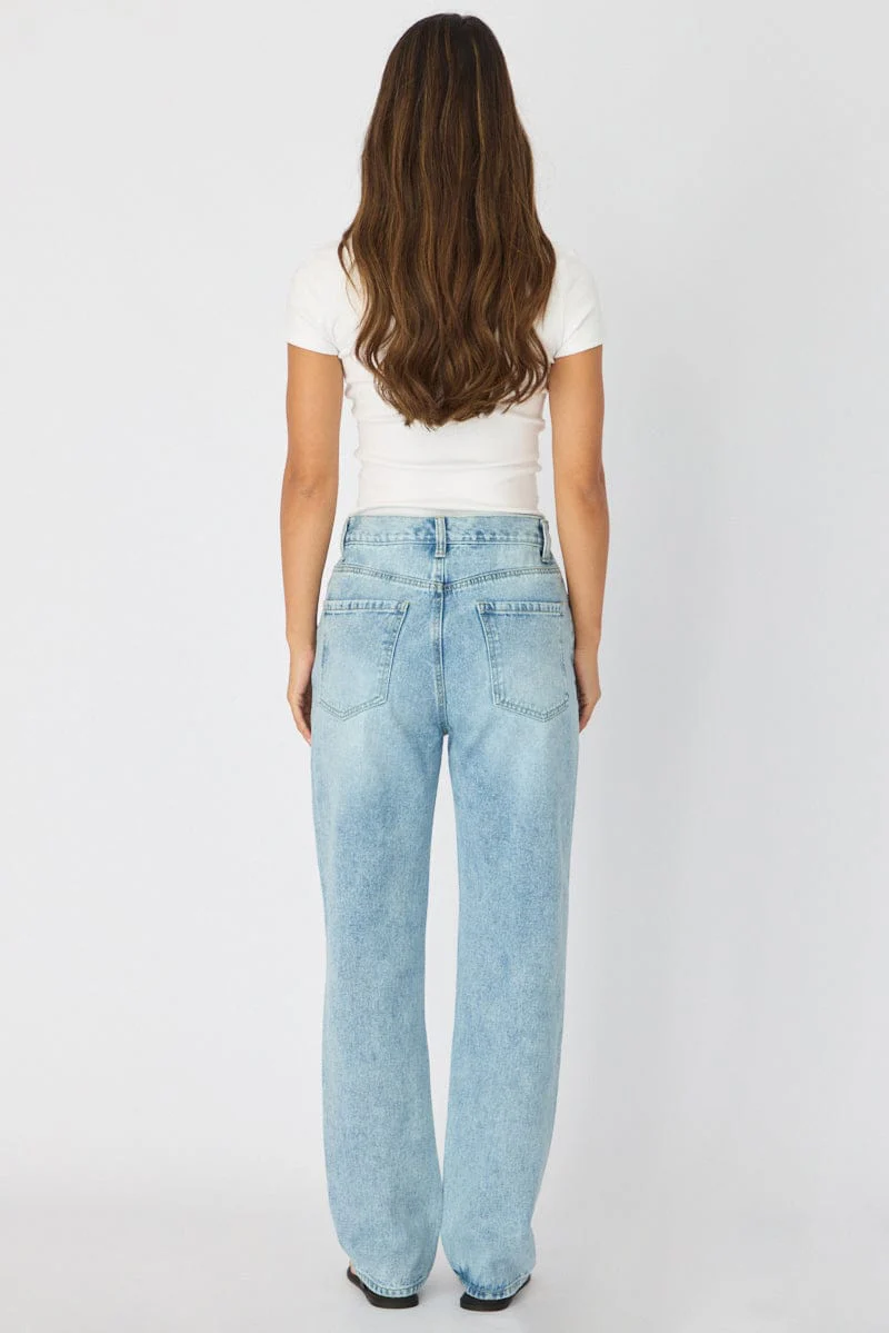 Denim Straight Jeans High Rise Knee Slit - Image 5