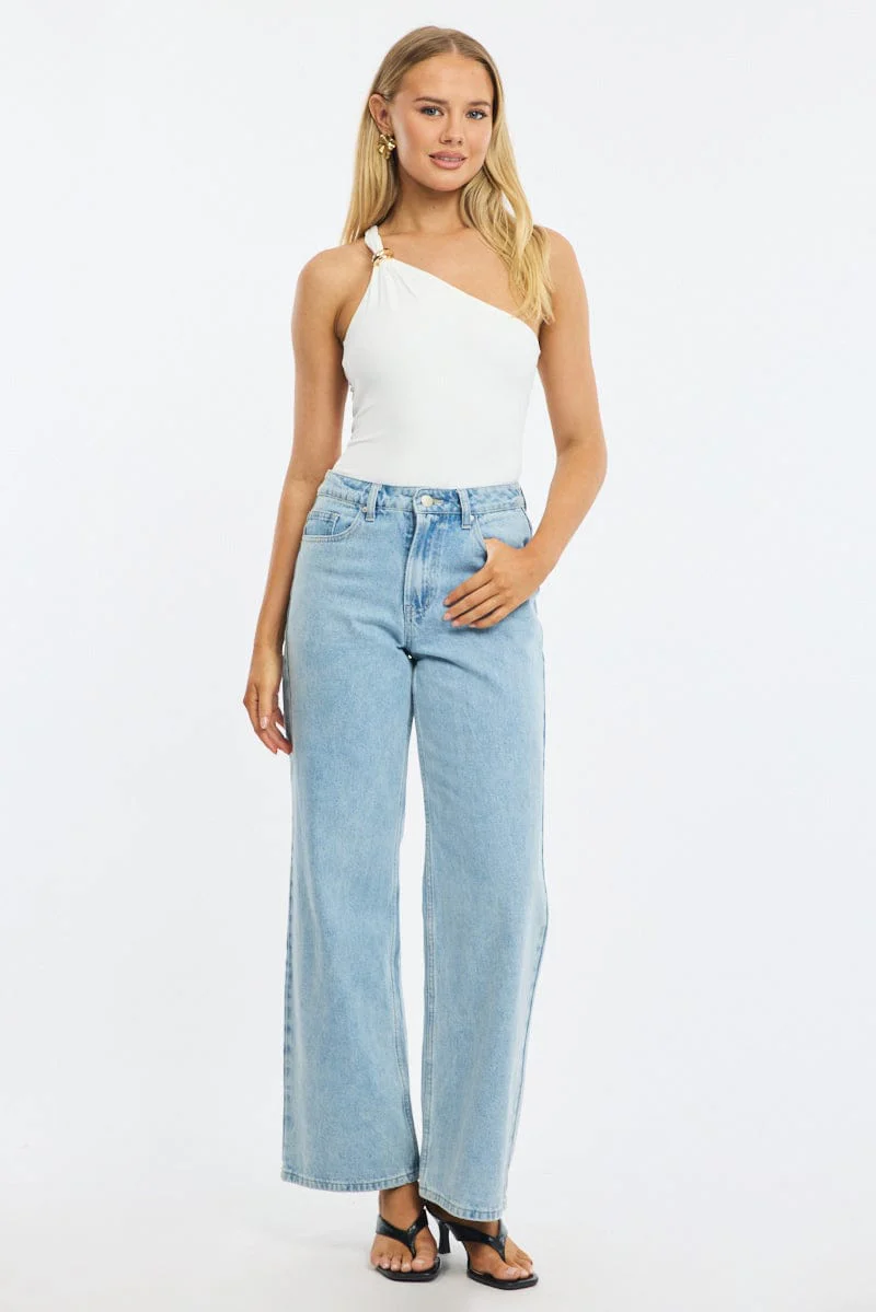 Denim Wide Leg Jeans Ribbon Pocket