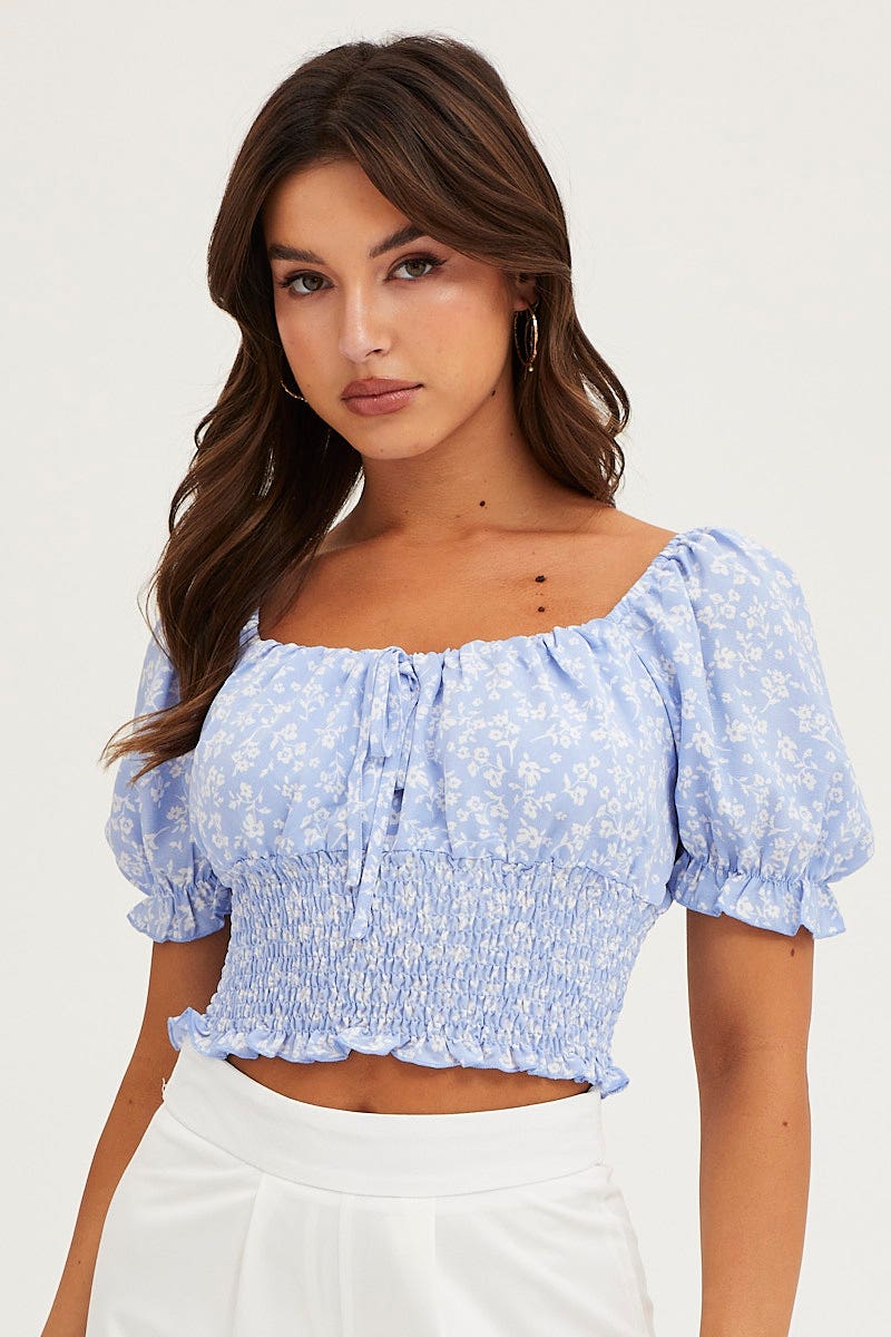 Ditsy Print Crop Top Short Sleeve Shirred Waist