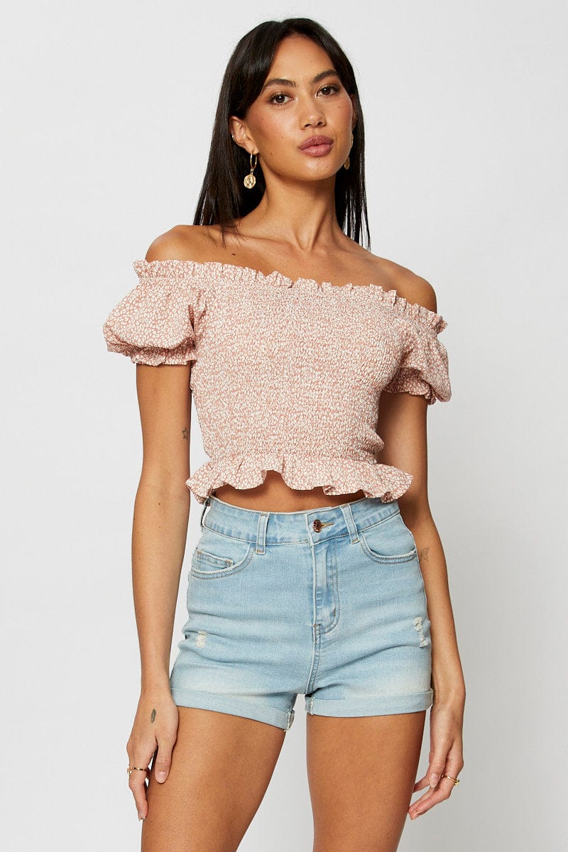 Geo Print Crop Top Short Sleeve Off Shoulder - Image 3