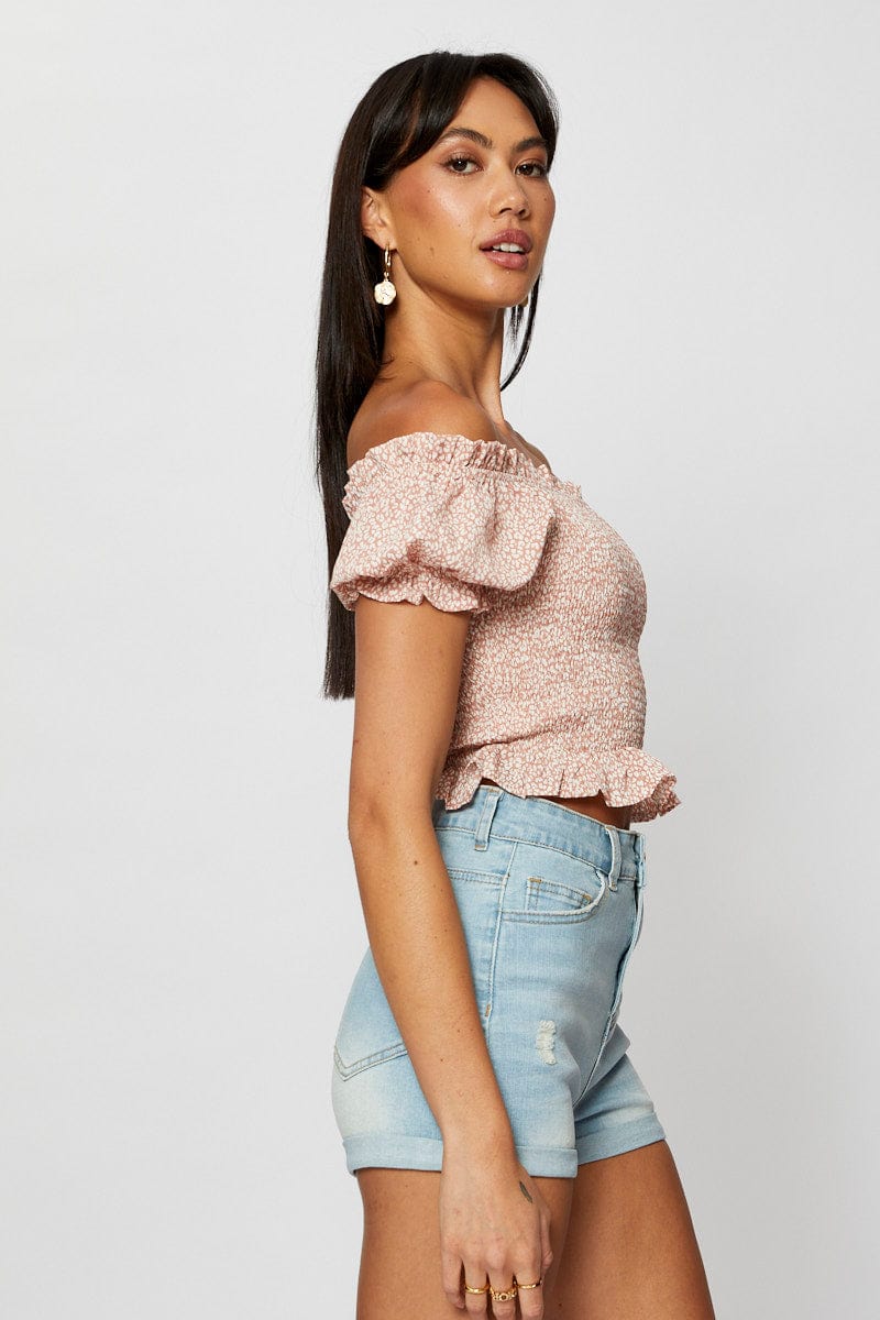 Geo Print Crop Top Short Sleeve Off Shoulder - Image 4