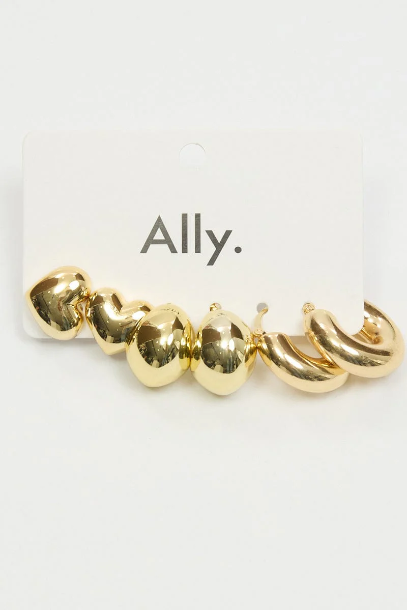 Gold 3 Pack Heart and Hoop Earrings - Image 3