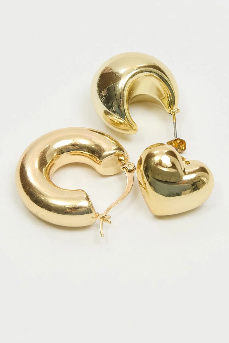 Gold 3 Pack Heart and Hoop Earrings - Image 4