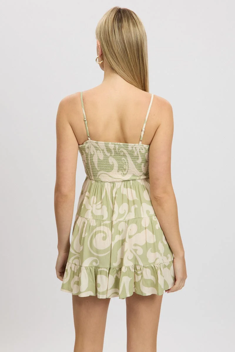 Green Abstract Fit And Flare Dress Strappy Mini - Image 5